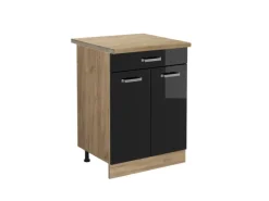 Pantryküchen<Vicco Küchenunterschrank R-Line Schwarz Hochglanz/Goldkraft Eiche 60 cm mit Schublade AP Eiche