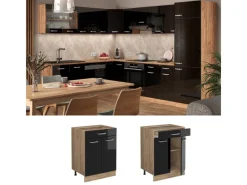 Pantryküchen<Vicco Küchenunterschrank R-Line Schwarz Hochglanz/Goldkraft Eiche 60 cm mit Schublade AP Eiche