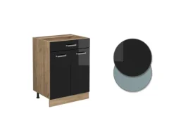 Pantryküchen<Vicco Küchenunterschrank R-Line Schwarz Hochglanz/Goldkraft Eiche 60 cm mit Schublade AP Eiche