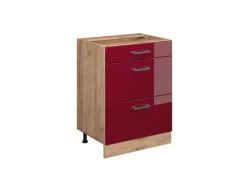 Pantryküchen<Vicco Küchenunterschrank R-Line Bordeaux Hochglanz/Goldkraft Eiche 60 cm mit Schubladen ohne Arbeitsplatte