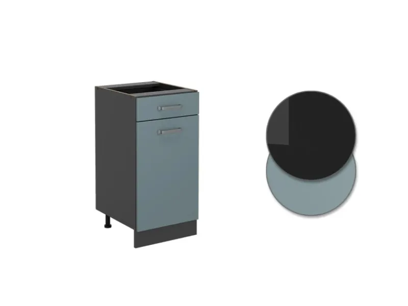 Vicco Küchenunterschrank R-Line Schubladenschrank für die Küche Blau-Grau/Anthrazit 40 cm AP Marmor< Pfannen