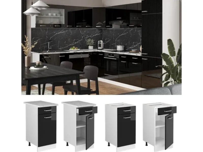 Discount Vicco Küchenunterschrank R-Line Schwarz Hochglanz/Weiß 40 cm AP Anthrazit Schwarz Glänzend