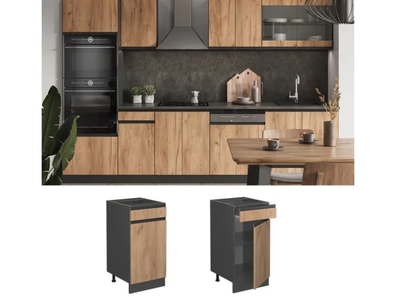 Vicco Küchenunterschrank R-Line Goldkraft /Anthrazit 40 cm AP mit Anthrazit Korpus Eiche
