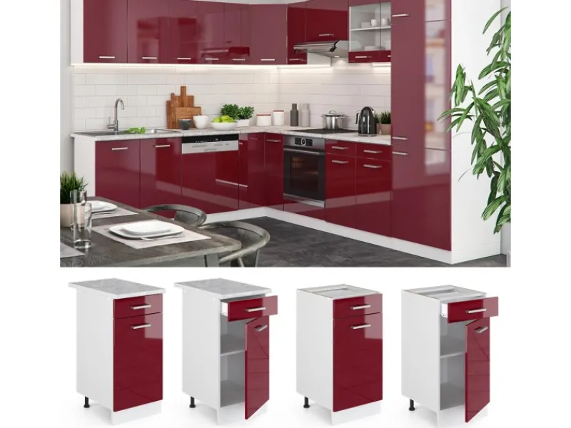 Pfannen<Vicco Küchenunterschrank R-Line Bordeaux Hochglanz/Weiß 40 cm AP Marmor