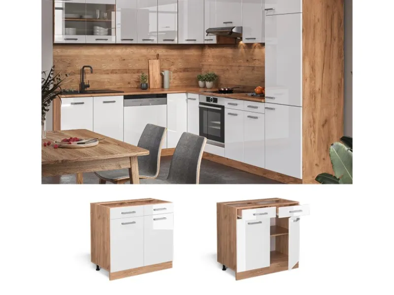Hot Vicco Küchenunterschrank R-Line Hochglanz/Goldkraft Eiche 80 cm ohne Arbeitsplatte Weiß