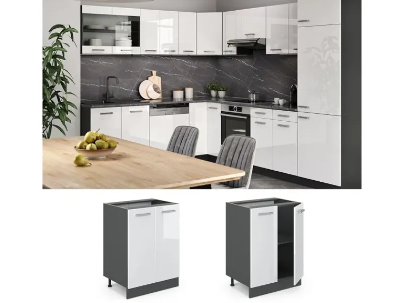 Best Vicco Küchenunterschrank R-Line Küchenkommode Hochglanz/Anthrazit AP Marmor Weiß