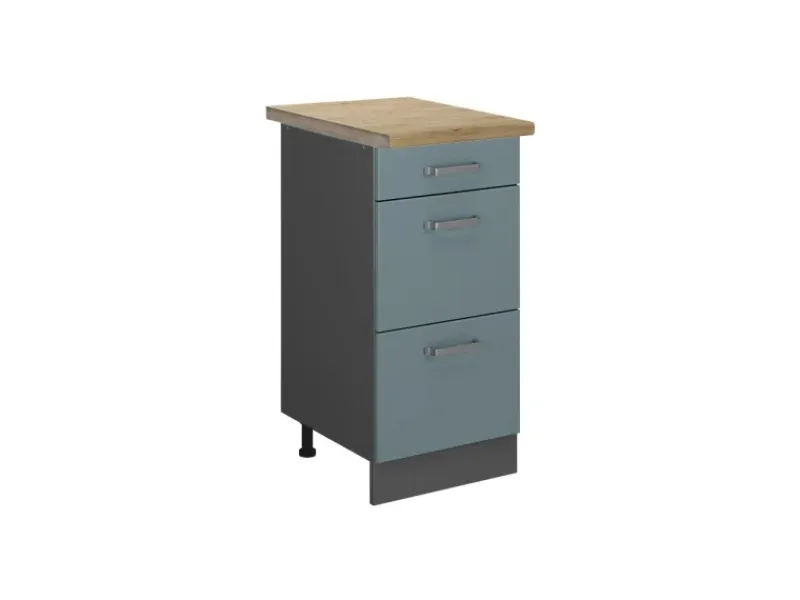 Vicco Küchenunterschrank R-Line Blau-Grau/Anthrazit 40 cm mit Schubladen AP Eiche< Pantryküchen|Kücheninseln