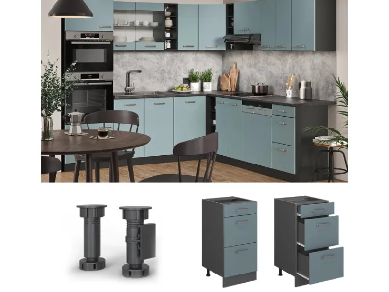 Vicco Küchenunterschrank R-Line Blau-Grau/Anthrazit 40 cm mit Schubladen AP Eiche< Pantryküchen|Kücheninseln