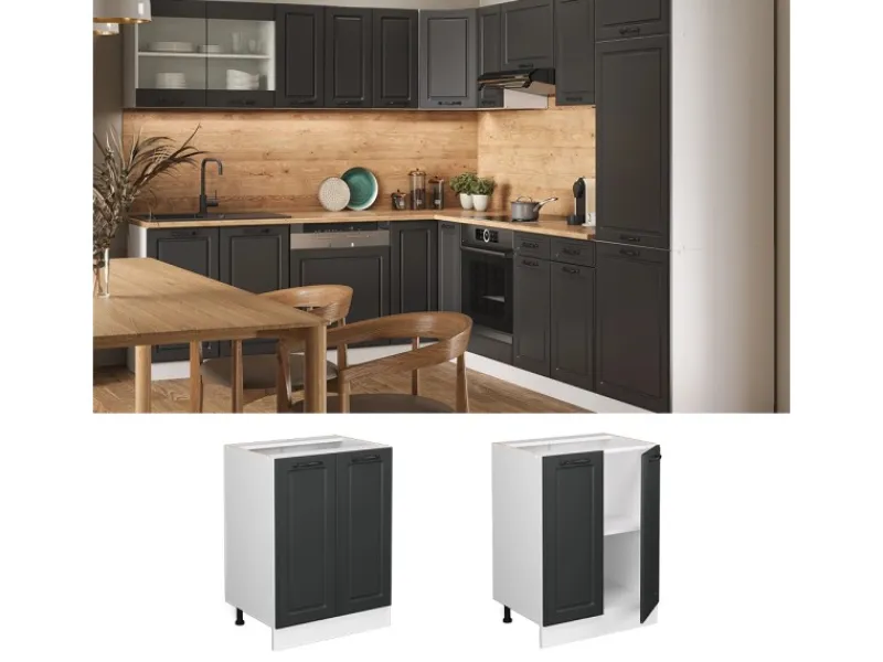 Vicco Küchenunterschrank R-Line Anthrazit Landhaus/Weiß 60 cm AP Eiche< Küchenschränke