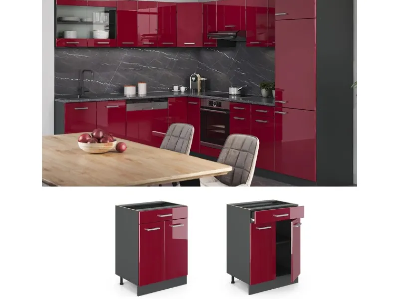 Outlet Vicco Küchenunterschrank R-Line Bordeaux Hochglanz/Anthrazit 60 cm mit Schublade ohne Arbeitsplatte Bordeaux-Glanz