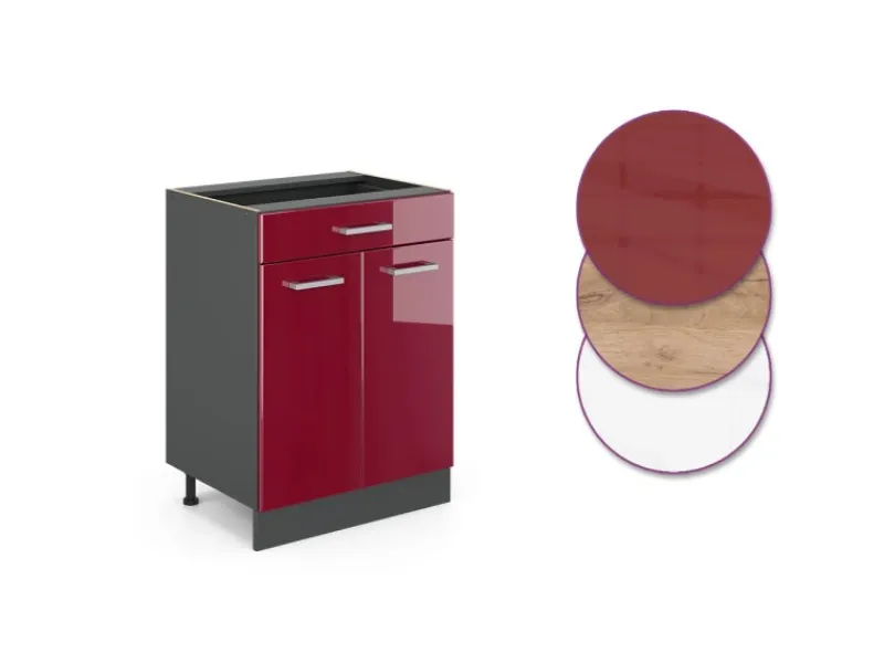 Outlet Vicco Küchenunterschrank R-Line Bordeaux Hochglanz/Anthrazit 60 cm mit Schublade ohne Arbeitsplatte Bordeaux-Glanz