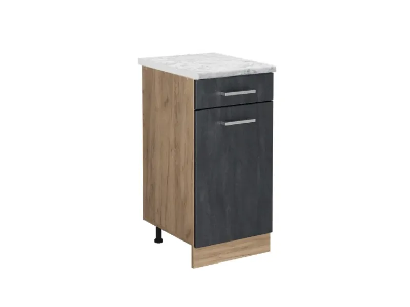 Vicco Küchenunterschrank R-Line Schubladenschrank für die Küche Schwarz Beton 40 cm AP Marmor mit Goldkraft Eiche Korpus< Pfannen