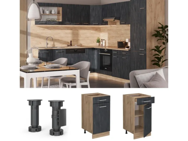 Vicco Küchenunterschrank R-Line Schubladenschrank für die Küche Schwarz Beton 40 cm AP Marmor mit Goldkraft Eiche Korpus< Pfannen