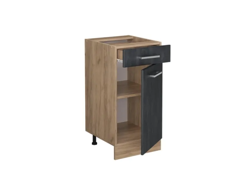 Vicco Küchenunterschrank R-Line Schubladenschrank für die Küche Schwarz Beton 40 cm AP Marmor mit Goldkraft Eiche Korpus< Pfannen