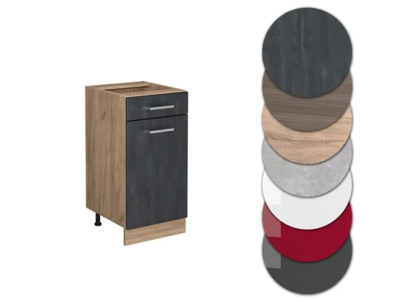 Vicco Küchenunterschrank R-Line Schubladenschrank für die Küche Schwarz Beton 40 cm AP Marmor mit Goldkraft Eiche Korpus< Pfannen
