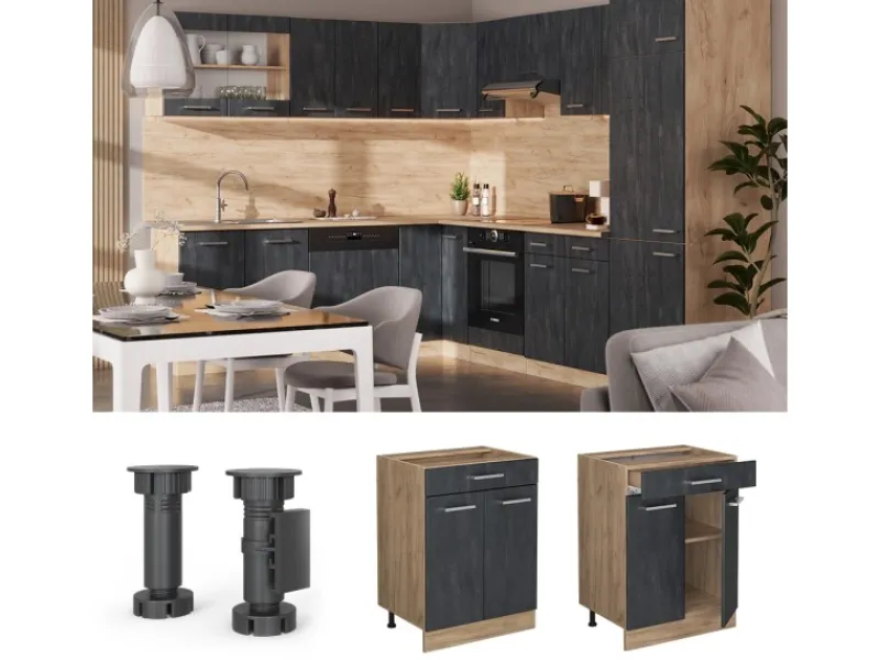 Vicco Küchenunterschrank R-Line Schubladenschrank für die Küche Schwarz Beton 60 cm AP Anthrazit mit Goldkraft Eiche Korpus< Küchenrückwände
