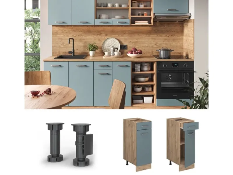 Vicco Küchenunterschrank R-Line Blau-Grau/Goldkraft Eiche 30 cm AP Eiche< Pfannen