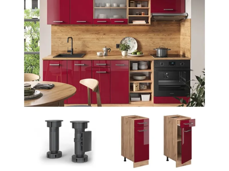 Pfannen<Vicco Küchenunterschrank R-Line Bordeaux Hochglanz/Goldkraft Eiche 30 cm AP Anthrazit