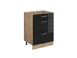 Vicco Küchenunterschrank R-Line Schwarz Hochglanz/Goldkraft Eiche 60 cm mit Schubladen ohne Arbeitsplatte< Küchenschränke