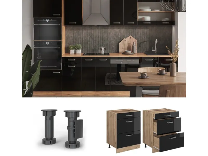 Vicco Küchenunterschrank R-Line Schwarz Hochglanz/Goldkraft Eiche 60 cm mit Schubladen ohne Arbeitsplatte< Küchenschränke