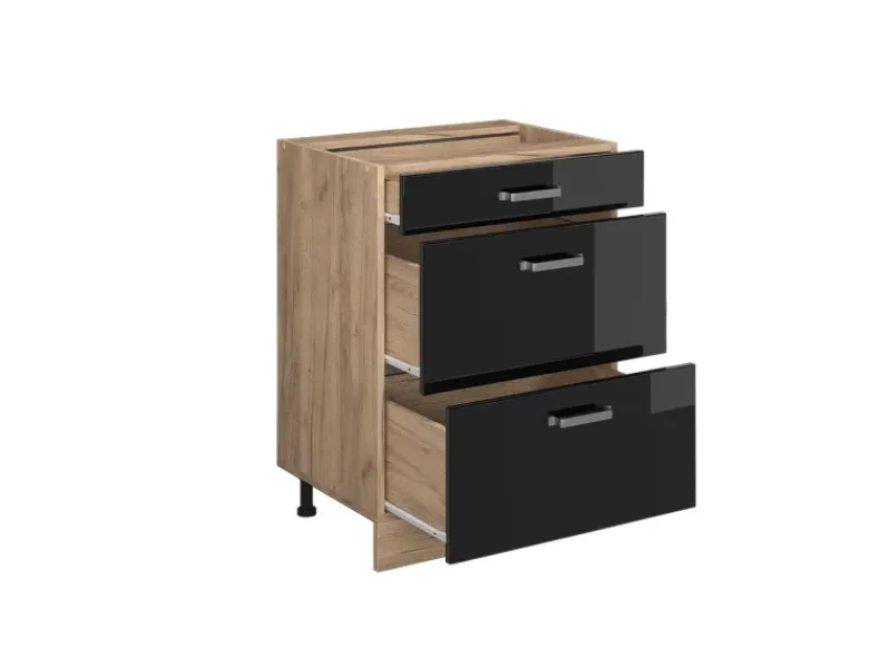 Vicco Küchenunterschrank R-Line Schwarz Hochglanz/Goldkraft Eiche 60 cm mit Schubladen ohne Arbeitsplatte< Küchenschränke