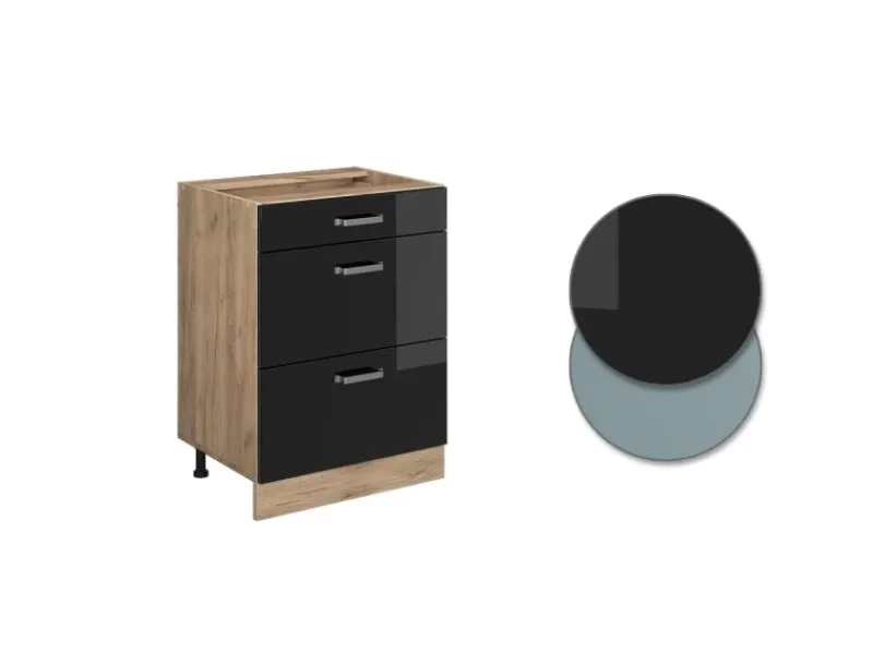 Vicco Küchenunterschrank R-Line Schwarz Hochglanz/Goldkraft Eiche 60 cm mit Schubladen ohne Arbeitsplatte< Küchenschränke