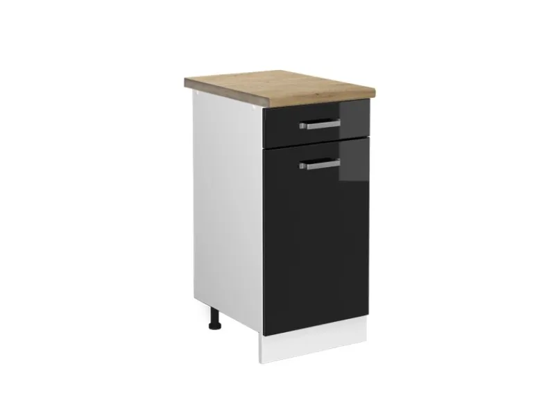 Vicco Küchenunterschrank R-Line Schwarz Hochglanz/Weiß 40 cm AP Eiche< Pfannen