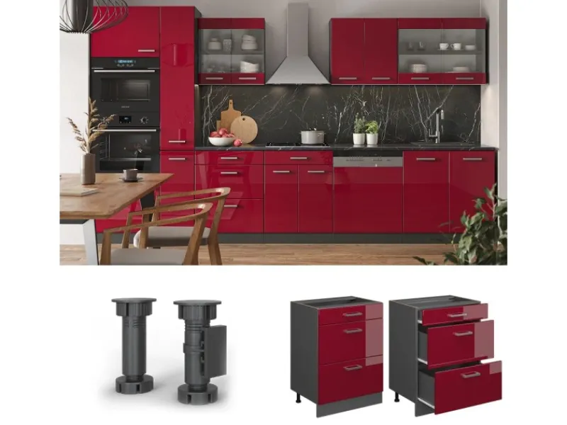 Vicco Küchenunterschrank R-Line Bordeaux Hochglanz/Anthrazit 60 cm mit Schubladen ohne Arbeitsplatte< Küchenschränke