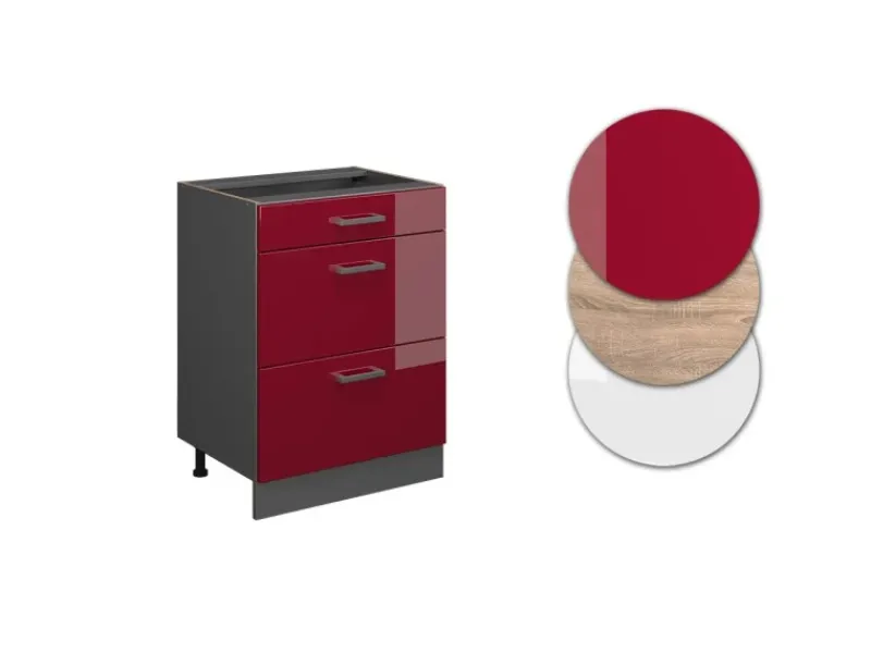 Vicco Küchenunterschrank R-Line Bordeaux Hochglanz/Anthrazit 60 cm mit Schubladen ohne Arbeitsplatte< Küchenschränke