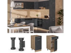 Pfannen<Vicco Küchenunterschrank R-Line Schubladenschrank für die Küche Schwarz Beton 40 cm AP Eiche mit Goldkraft Eiche Korpus