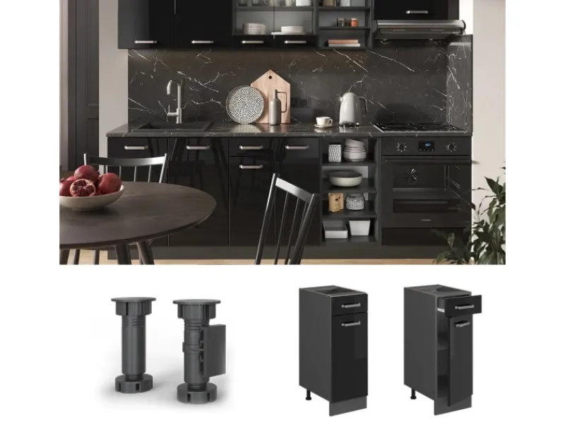 Vicco Küchenunterschrank R-Line Schwarz Hochglanz/Anthrazit 30 cm AP Eiche< Pfannen