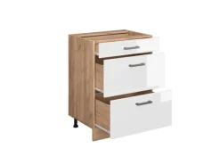 Outlet Vicco Küchenunterschrank R-Line Hochglanz/Goldkraft Eiche 60 cm mit Schubladen ohne Arbeitsplatte Weiß