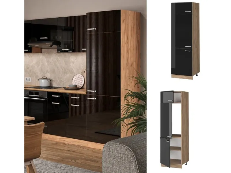 Best Vicco Kühlumbauschrank R-Line Schwarz Hochglanz/Goldkraft Eiche 60 cm Schwarz Glänzend