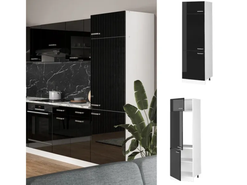 Kühlschränke|Küchenschränke<Vicco Kühlumbauschrank R-Line Hochschrank für die Küche Schwarz Hochglanz/Weiß 60 cm