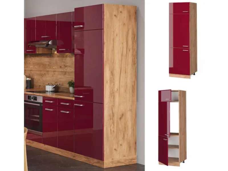 Vicco Kühlumbauschrank R-Line Bordeaux Hochglanz/Goldkraft Eiche 60 cm Bordeaux-Glanz