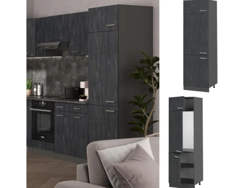 Vicco Kühlumbauschrank R-Line Hochschrank für die Küche Schwarz Beton/Anthrazit 60 cm< Kühlschränke|Küchenschränke