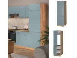 Vicco Kühlumbauschrank R-Line Hochschrank für die Küche Blau-Grau/Goldkraft Eiche 60 cm< Küchenschränke