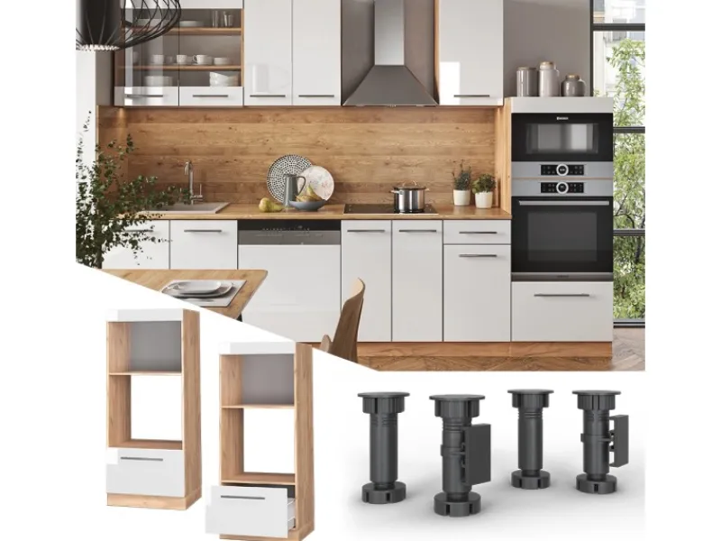 Vicco Mikrowellenschrank Fame-Line Hochglanz/Goldkraft Eiche 60 cm Offen< Einbauküchen