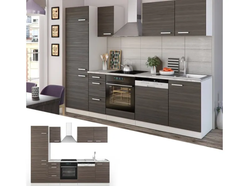 Best Vicco Optima Küchenzeile /Weiß 270 cm ohne Arbeitsplatte mit LED-LeistenOptima ohne E-Geräte Edelgrau