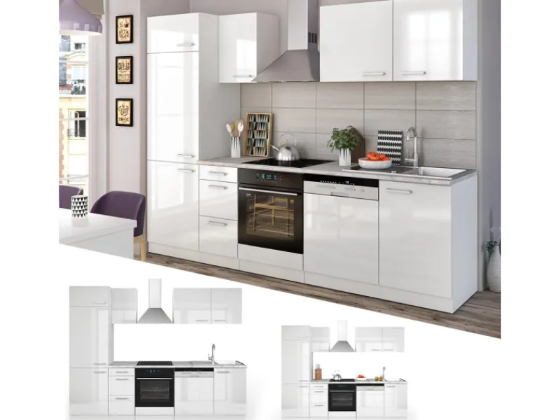Vicco Optima Küchenzeile 270 cm ohne Arbeitsplatte mit LED-LeistenOptima ohne E-Geräte< Winkelküchen|Herde
