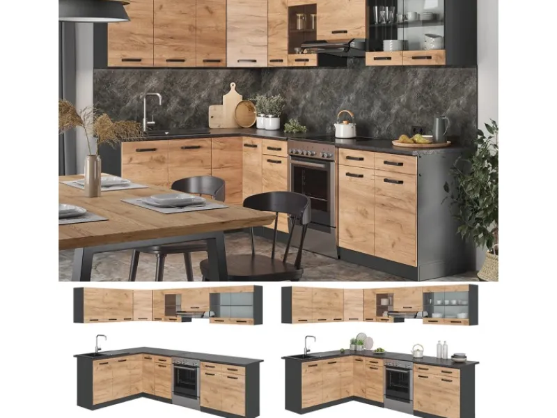 Vicco Rick Eckküche Anthrazit/Goldkraft Eiche 267 x 167 cm AP SchwarzRick ohne E-Geräte< Winkelküchen|Herde