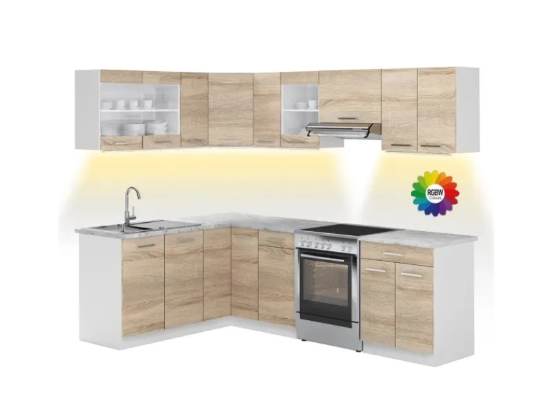 Best Vicco Rick Eckküche Weiß/Sonoma 247 x 167 cm AP Marmor mit LED-LeistenRick ohne E-Geräte