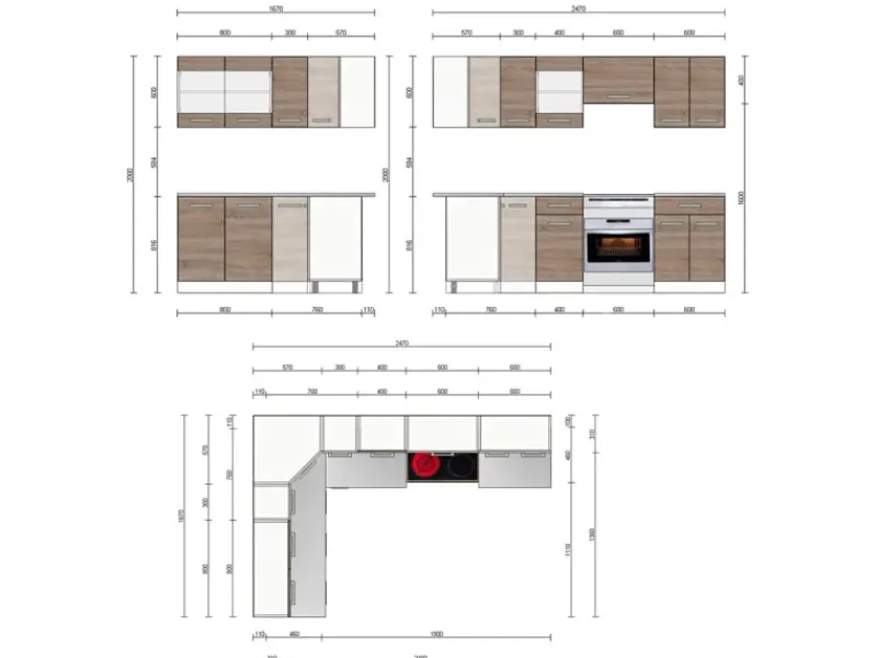 Best Vicco Rick Eckküche Weiß/Sonoma 247 x 167 cm AP Marmor mit LED-LeistenRick ohne E-Geräte