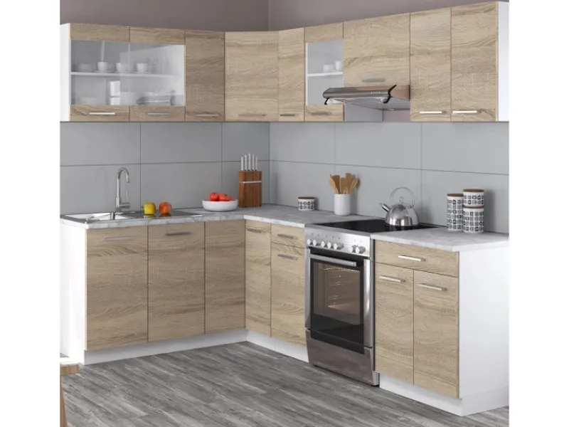Best Vicco Rick Eckküche Weiß/Sonoma 247 x 167 cm AP Marmor mit LED-LeistenRick ohne E-Geräte