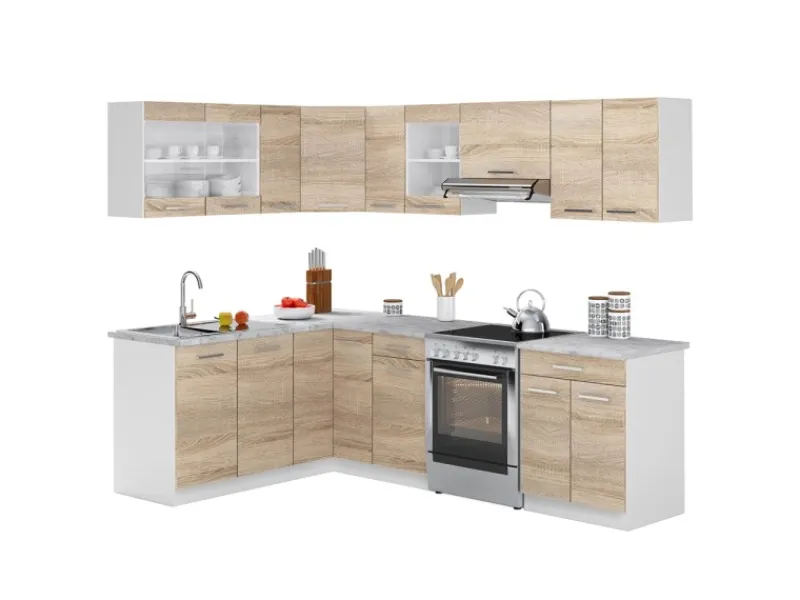 Best Vicco Rick Eckküche Weiß/Sonoma 247 x 167 cm AP Marmor mit LED-LeistenRick ohne E-Geräte