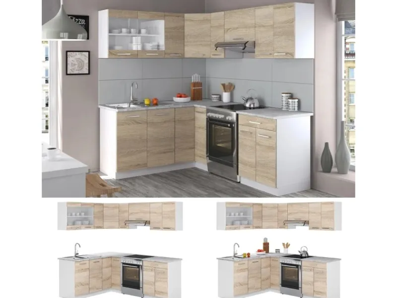 Vicco Rick Eckküche Weiß/Sonoma 207 x 167 cm AP MarmorRick ohne E-Geräte< Winkelküchen|Einbauküchen