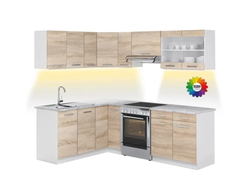 Online Vicco Rick Eckküche Weiß/Sonoma 227 x 167 cm AP Marmor mit LED-LeistenRick ohne E-Geräte