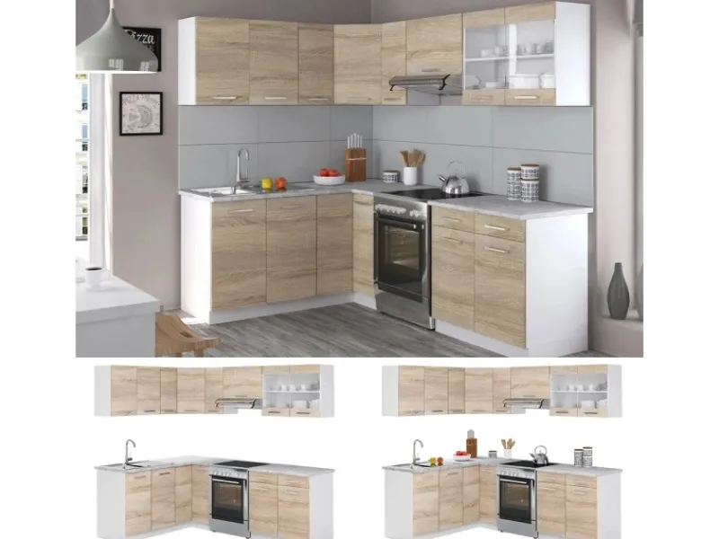 Online Vicco Rick Eckküche Weiß/Sonoma 227 x 167 cm AP Marmor mit LED-LeistenRick ohne E-Geräte