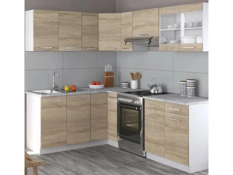 Online Vicco Rick Eckküche Weiß/Sonoma 227 x 167 cm AP Marmor mit LED-LeistenRick ohne E-Geräte