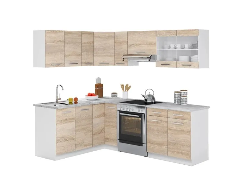 Online Vicco Rick Eckküche Weiß/Sonoma 227 x 167 cm AP Marmor mit LED-LeistenRick ohne E-Geräte